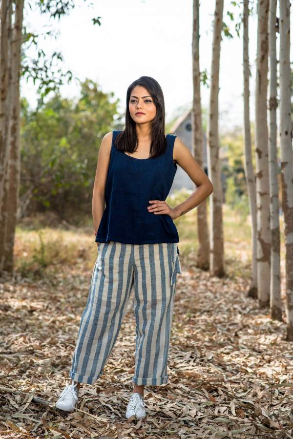 Womens blue and sales white striped pants