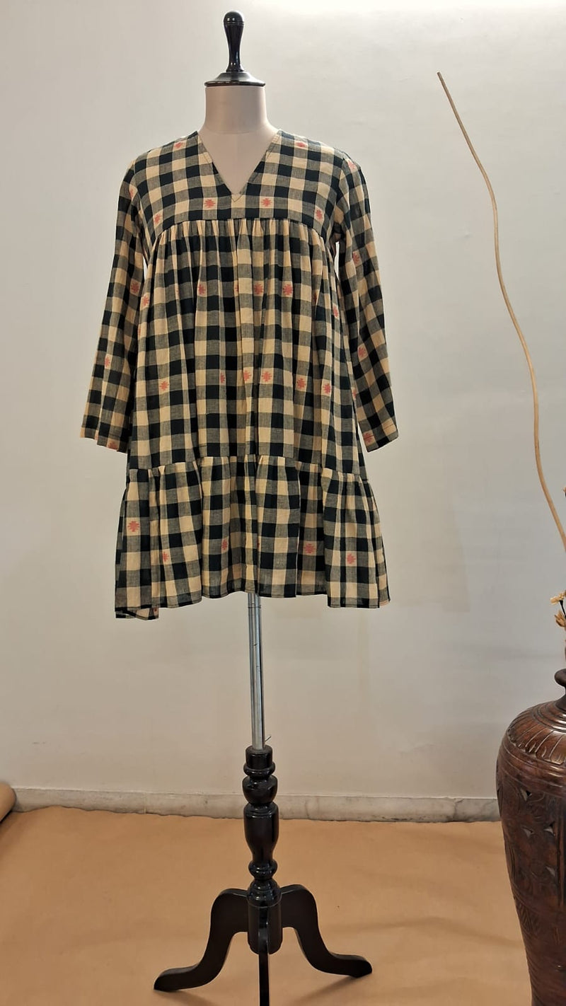 BLACK BROWN CHECKERED JAMDANI DRESS