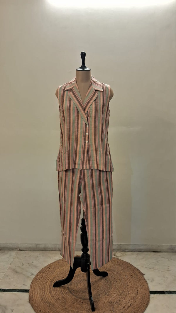 Pink Green Stripes Khadi Magomeni Co-ord Set